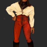 A woman with two-tone leather pants, a loose shirt with black undershirt and black boots.