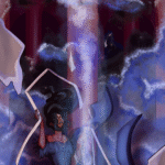 A woman casting a spell, knelt on her knees in a catacomb, there are clouds and a beam of light around her.