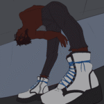 A man bent at the waist with the POV focused upwards from the ground.