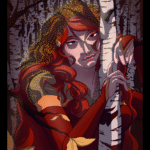 A red haired woman in a birch forest.