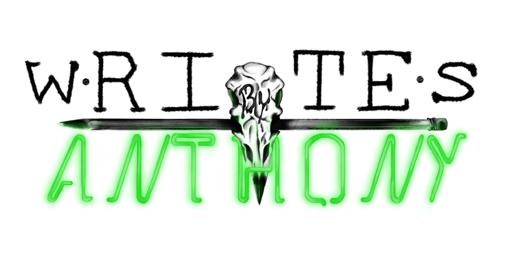 ID: A raven skull with a pencil through it. Text reads "Writes by Anthony" with emphasis made to make writes look like rites.